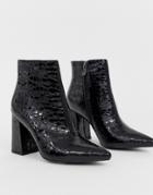 Public Desire Hollie Black Mock Croc Heeled Ankle Boots - Black