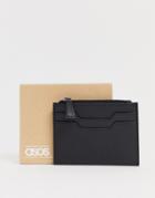 Asos Design Leather Cardholder With Zip In Black - Black