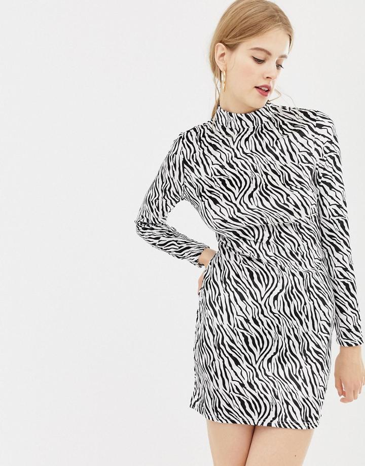 Parisian High Neck Velvet Dress In Zebra Print-black