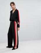 Neon Rose Smart Wide Leg Tracksuit Bottoms With Side Stripe Co-ord - Black