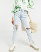 Bershka Organic Cotton Mom Jeans With Distressed Hem In Light Blue-blues