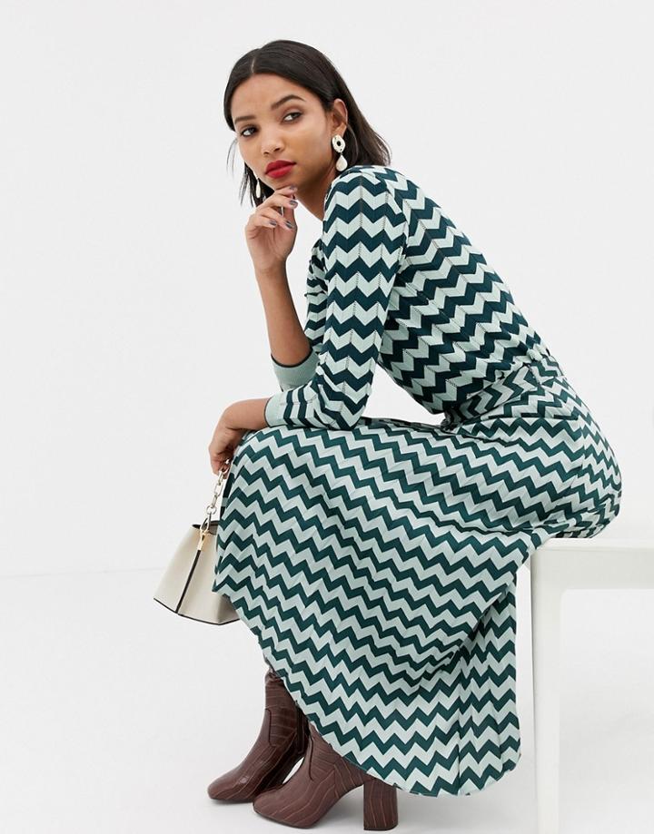 Mango Chevron Pleated Midi Skirt In Turqoise - Multi