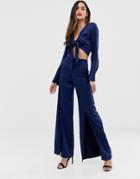 True Violet Wide Leg Pants With Split-navy