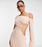 Asyou Ruched Cut Out Bardot Mini Dress In Natural-neutral