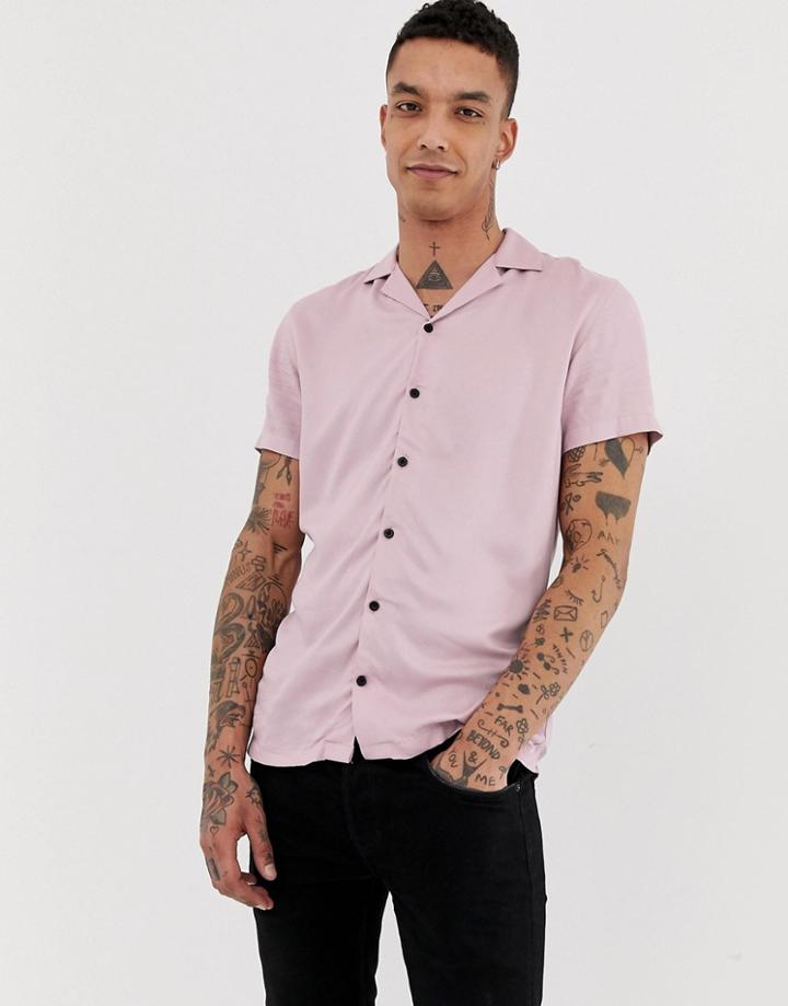 Twisted Tailor Revere Collar Short Sleeve Shirt In Pink Viscose