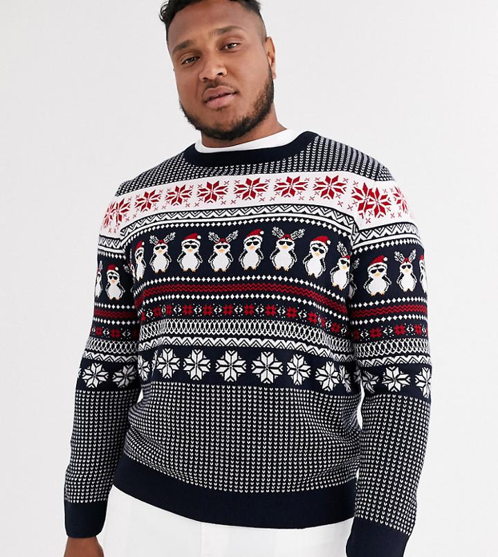New Look Plus Holidays Sweater In Penguin Fairisle-navy