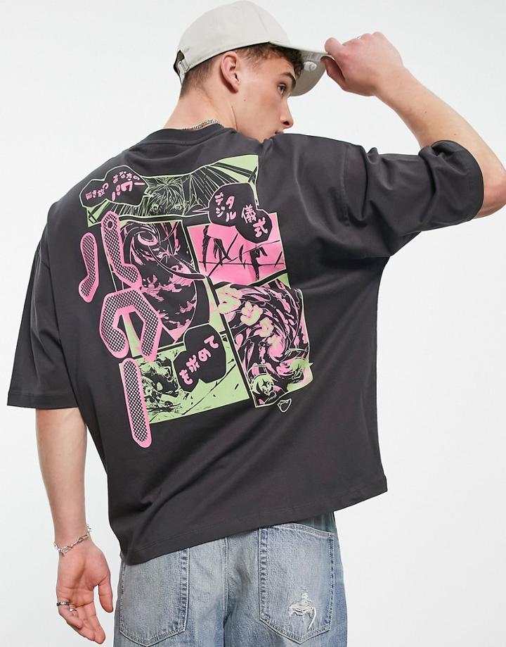 Asos Design Oversized T-shirt In Gray With Anime Back Print