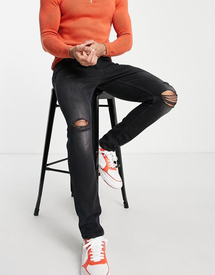 Only & Sons Tapered Jeans With Knee Rips In Washed Black