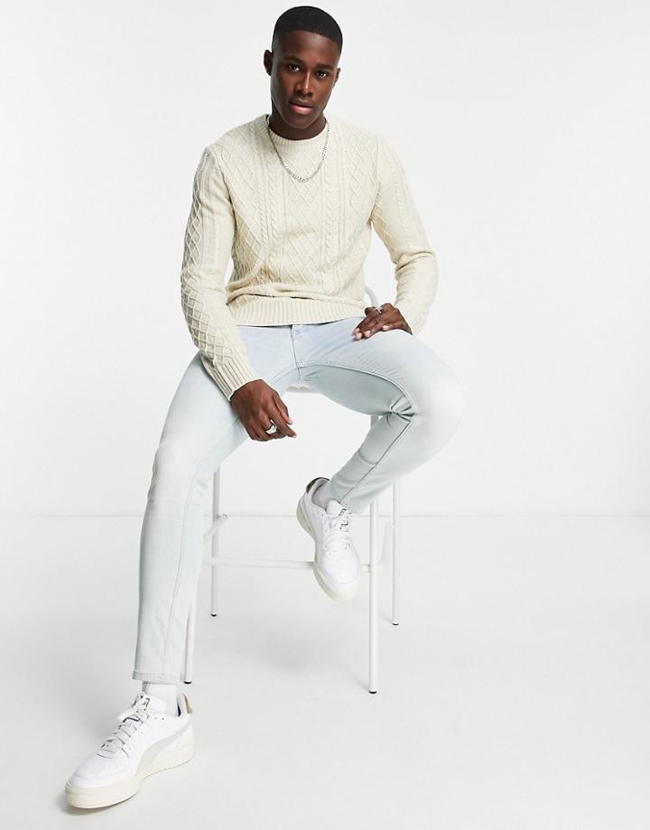 River Island Long Sleeve Cable Knit Sweater In Ecru-white