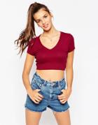Asos Crop Top In Rib With Short Sleeves And V Neck - Dark Red