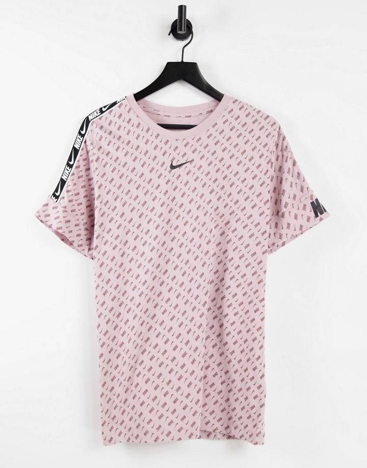 Nike Repeat Pack All-over Logo Print Taping T-shirt In Dusty Pink