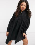 Pieces Shirred Smock Shirt Dress In Black