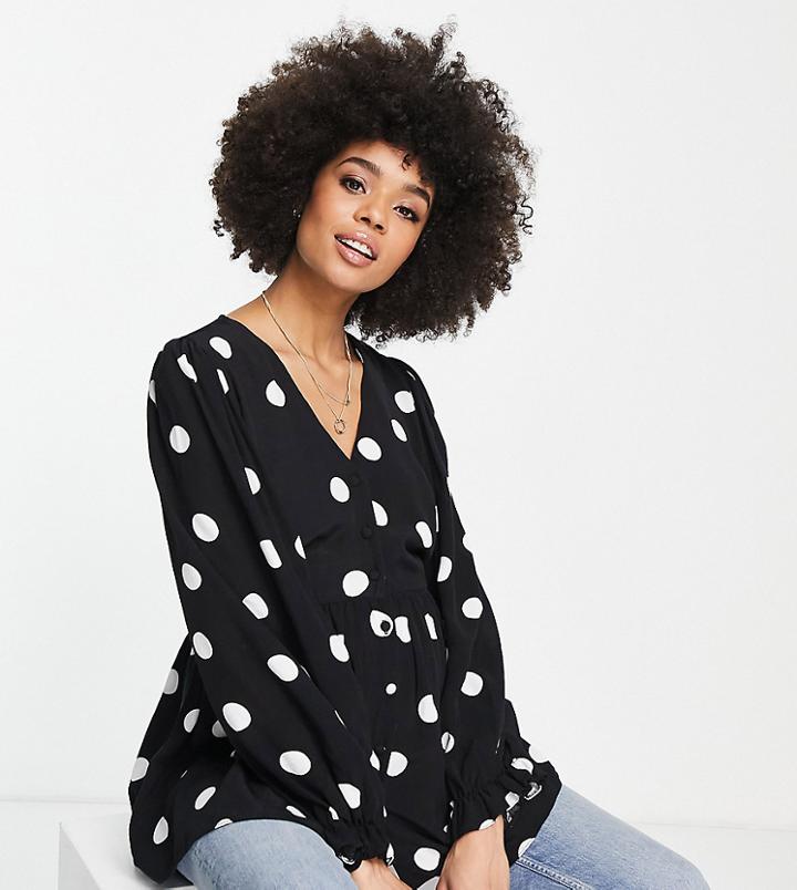 New Look Maternity Blouse With Ruffle Sleeves In Black And White Polka Dot