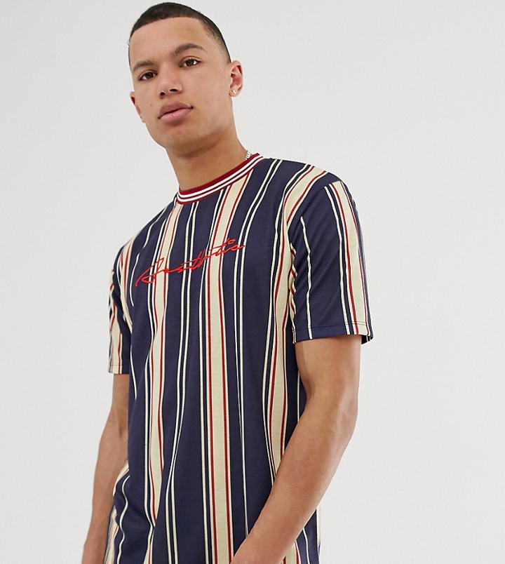 Asos Design Tall Relaxed T-shirt In Vertical Stripe With Aesthetic Embroidery-multi