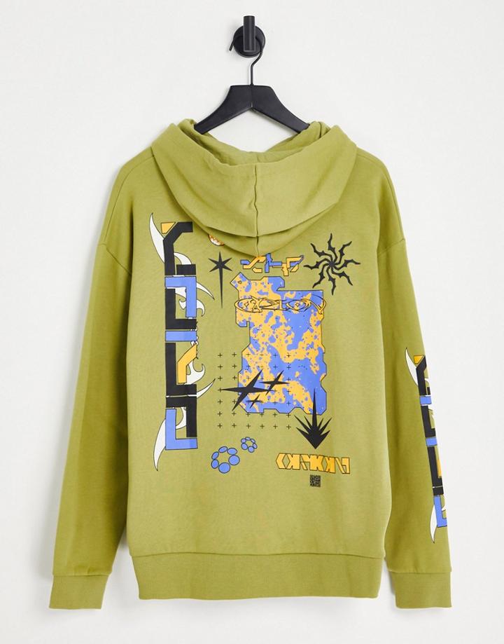 Asos Design Oversized Hoodie In Green With Mystical Back And Sleeve Print