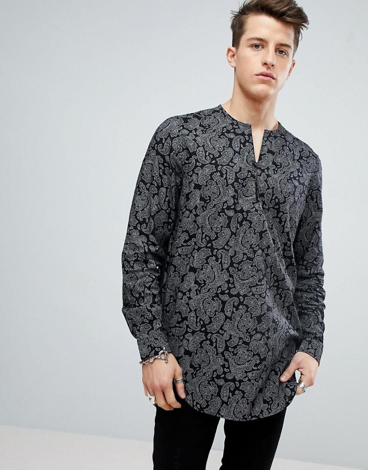 Asos Regular Fit Paisley Print Shirt With V Neck - Black