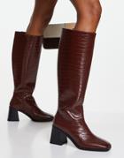 Monki Vegan Leather Knee-high Heeled Croc Boots In Brown