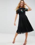 Asos Premium Embroidered Midi Pleat And Lace Dress - Black