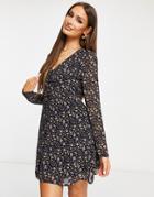 Missguided Tea Dress With Long Sleeve In Black Floral