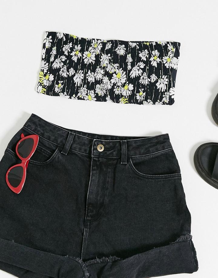 Topshop Bandeau Shirred Tie Back Top In Black Floral