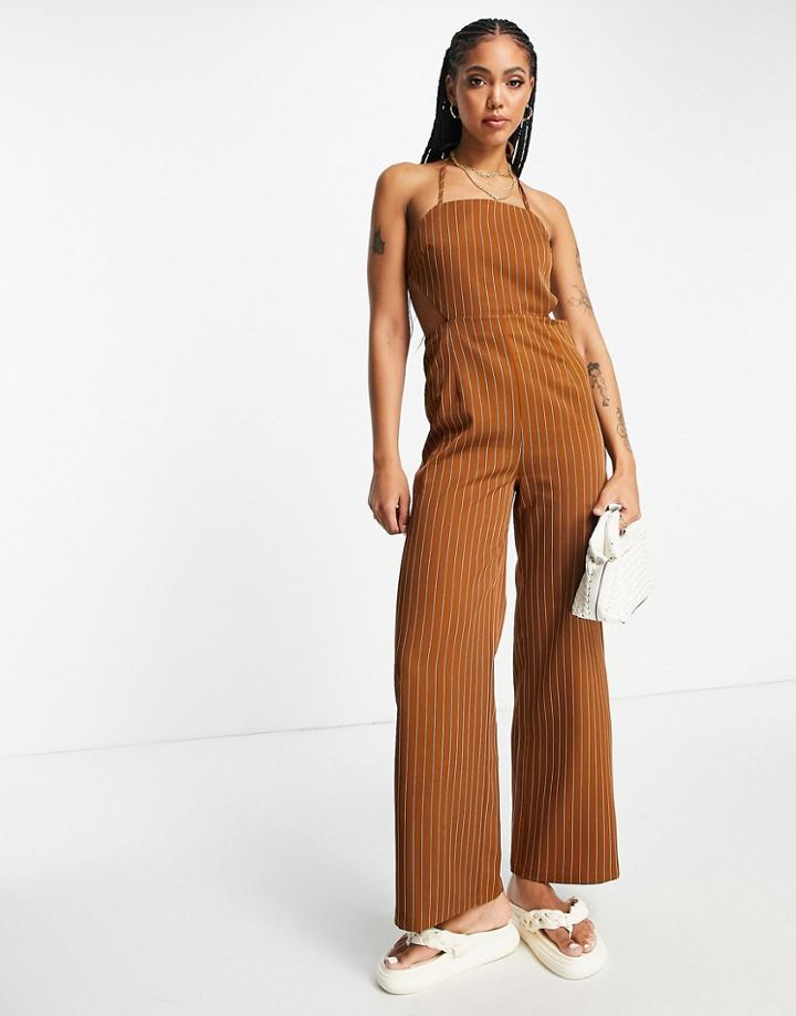 Lola May Halter Neck Open Back Wide Leg Jumpsuit In Rust Pinstripe-brown