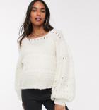 Asos Design Maternity Stitch Detail Square Neck Sweater With Volume Sleeve-cream