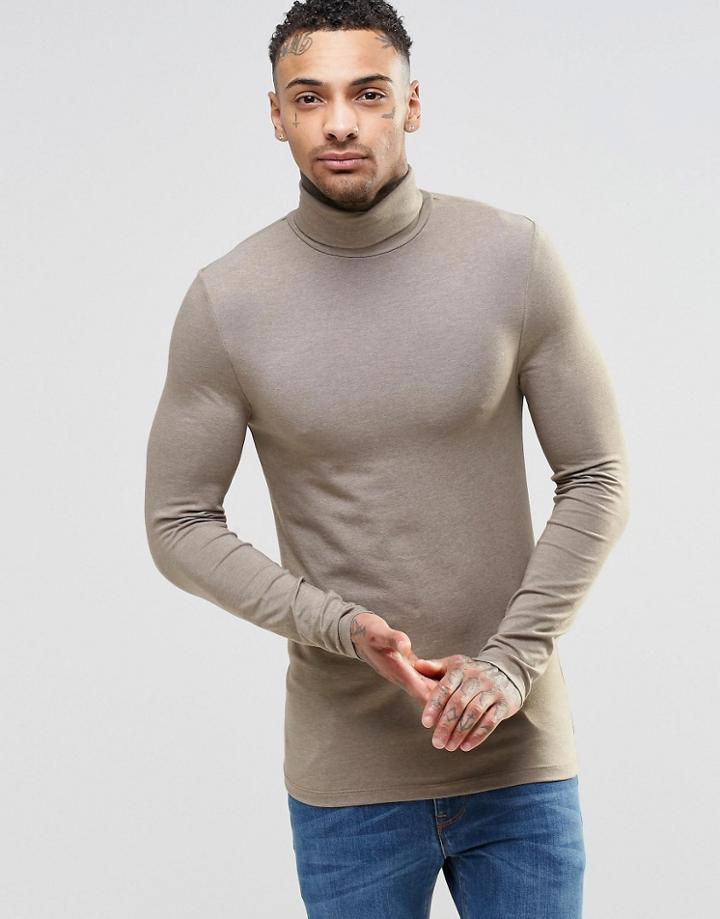Asos Extreme Muscle Long Sleeve T-shirt With Roll Neck In Beige - Brown