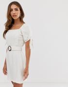 River Island Tie Sleeve Mini Dress With Belt In Stone - Stone