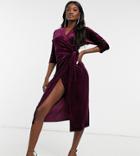 Asos Design Tall Velvet Wrap Midi Dress In Berry-red
