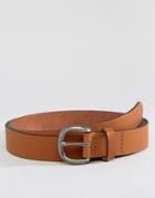 Asos Slim Leather Belt In Tan With Distressed Round Buckle - Tan