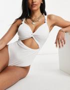 Asos Design Fuller Bust Loop Front Supportive Swimsuit With Knot In White