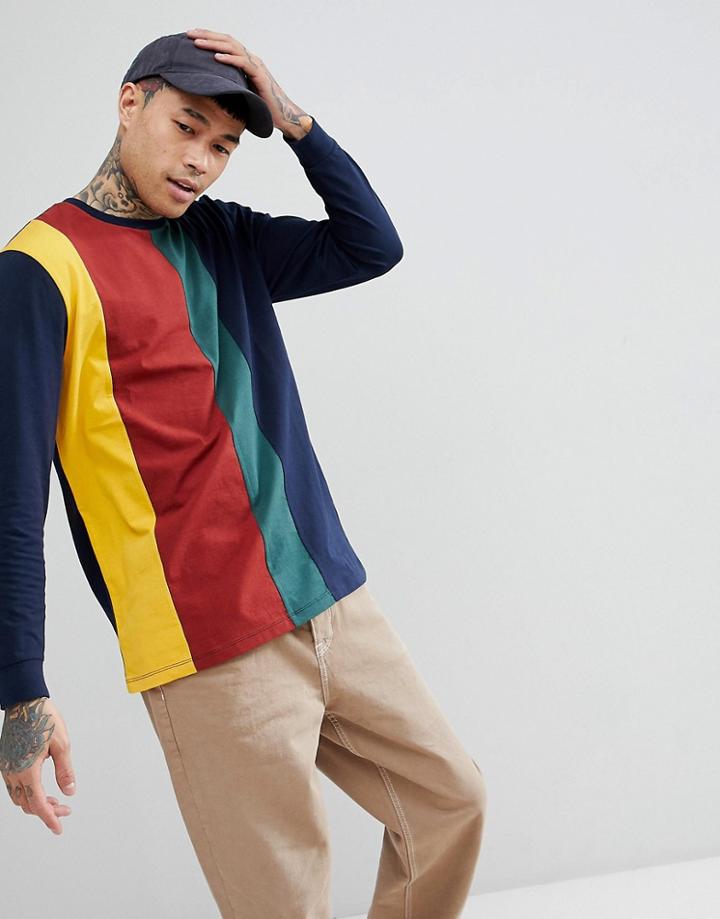 Asos Relaxed Longline Long Sleeve T-shirt With Vertical Color Block In Navy - Navy