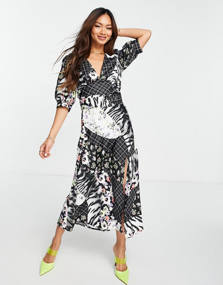 Asos Design Belted Midi Tea Dress In Splice Print-multi