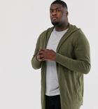 Asos Design Plus Hooded Open Front Cardigan With Curved Hem In Khaki-green
