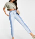 Stradivarius Tall Straight Leg Contrast Two Tone Jeans With Raw Hem In Blue-blues