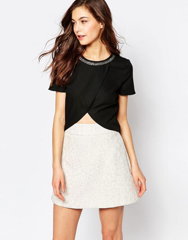 Madam Rage Split Front Crop Top With Embellished Trim - Black