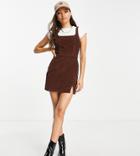 Asos Design Petite Denim Fitted Pinny Dress In Chocolate Cord-brown