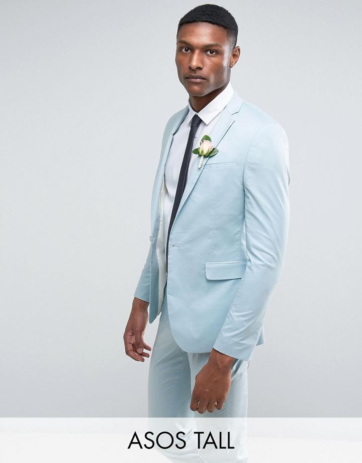 Asos Tall Wedding Skinny Suit Jacket In Light Blue Stretch Cotton - Blue