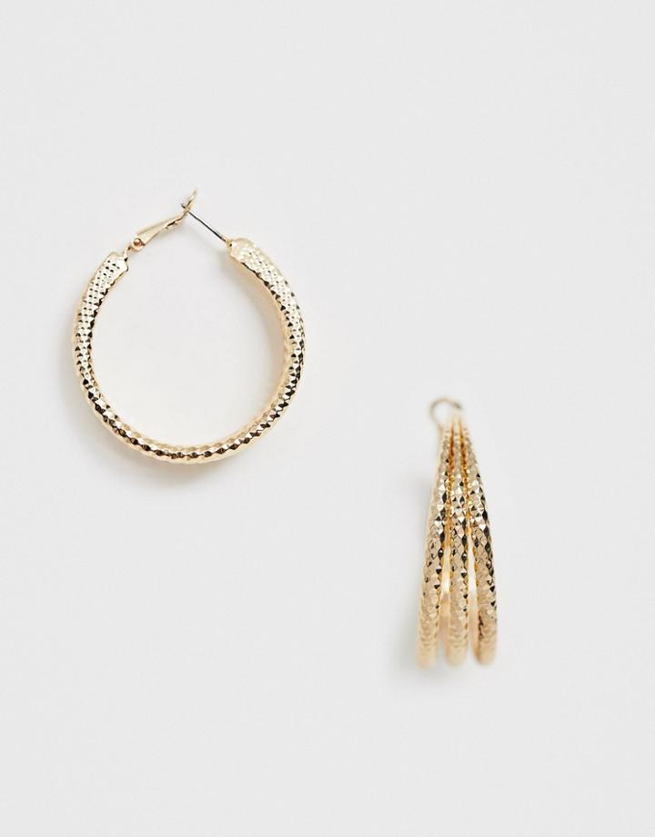 Asos Design Hoop Earrings In Triple Row Faceted Design In Gold Tone - Gold
