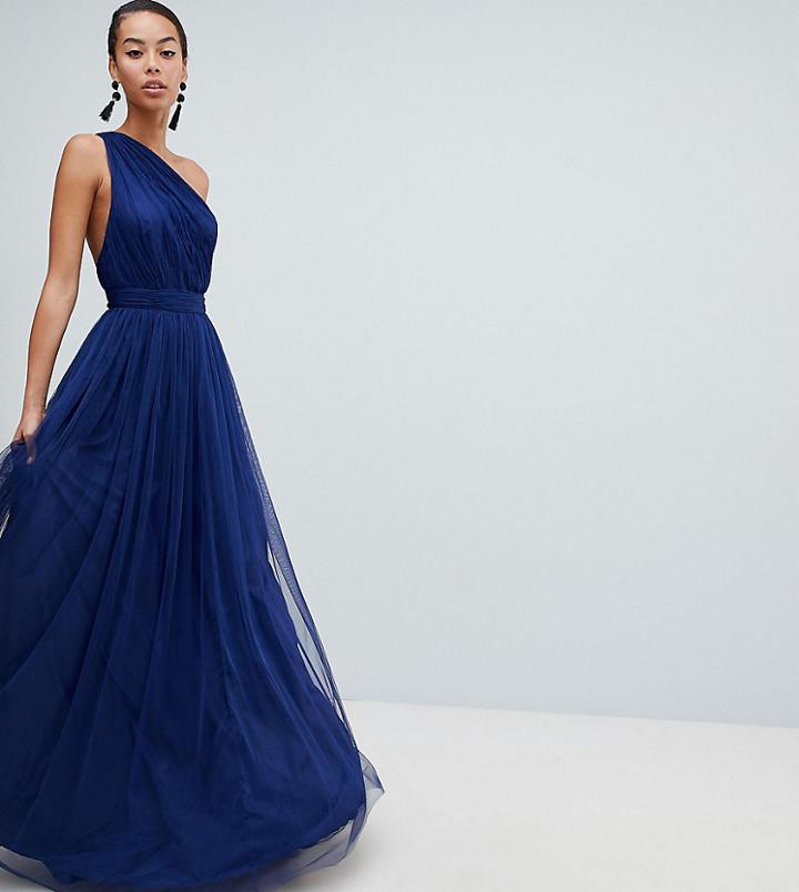 Asos Design Tall Premium Tulle One Shoulder Maxi Dress - Navy