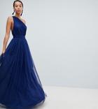 Asos Design Tall Premium Tulle One Shoulder Maxi Dress - Navy