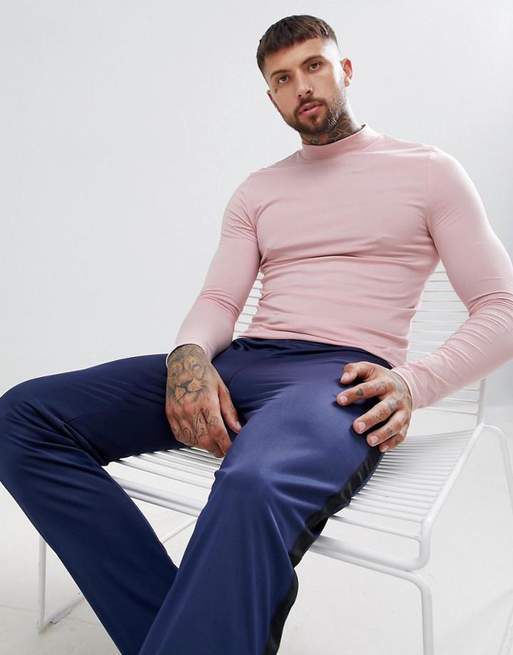 Asos Design Muscle Fit Long Sleeve T-shirt With Turtleneck In Pink - Pink