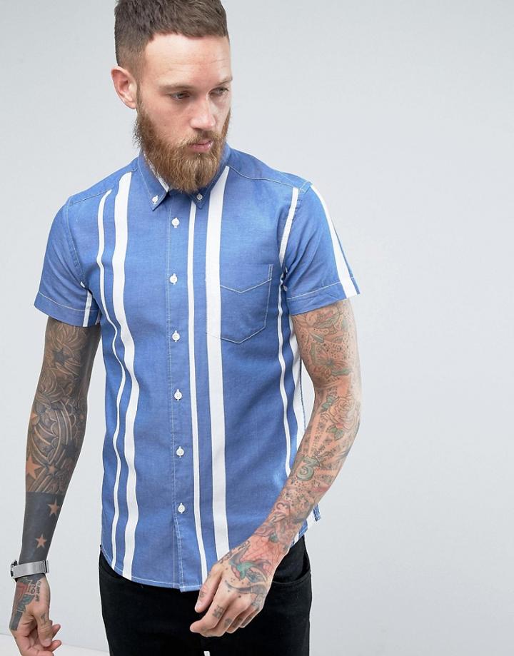 Wrangler 1 Pocket Down Shirt Short Sleeve Striped Limoges Blue - Blue