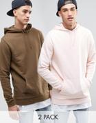 Asos Longline Hoodie 2 Pack Pink/ Khaki Save - Multi