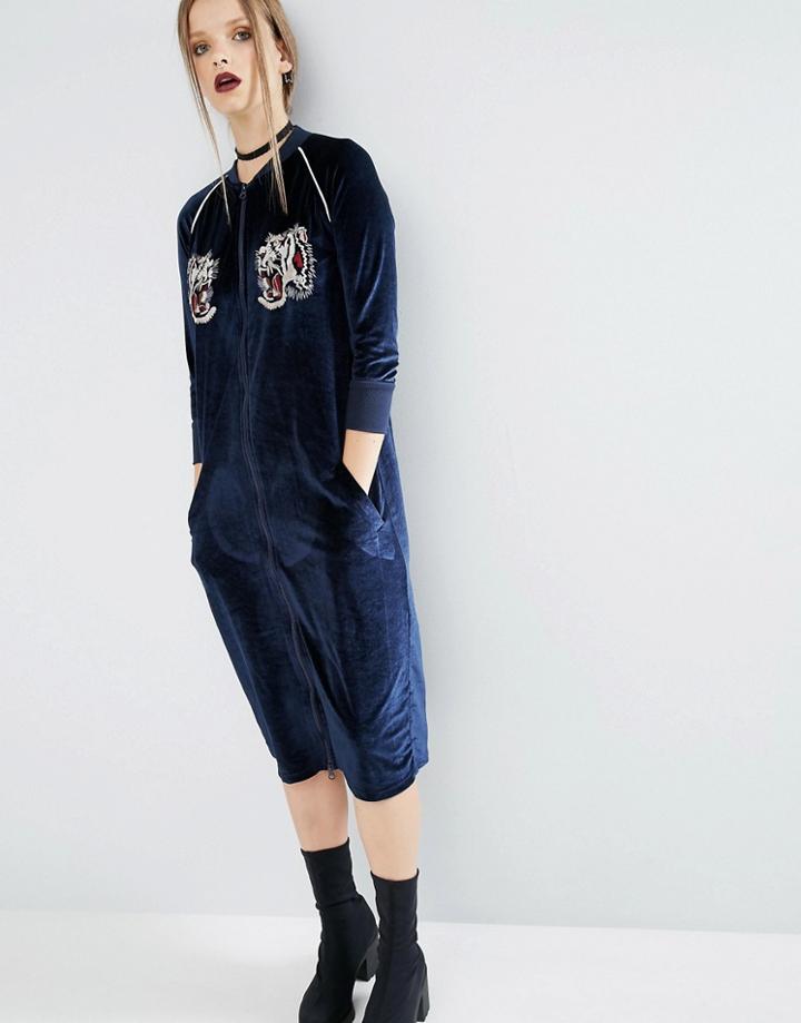 Asos Velvet Bomber Dress With Tiger Embroidery - Navy