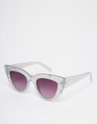 Asos Flat Top Cat Eye Sunglasses With Metal Sandwich And Flat Lens - Silver Glitter