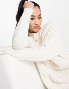 Topshop Knitted Oversized Cable Sweater In Cream-white