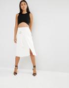 Lavish Alice Off-ribbed Knit Asymmetric Split D-ring Midi Skirt - White