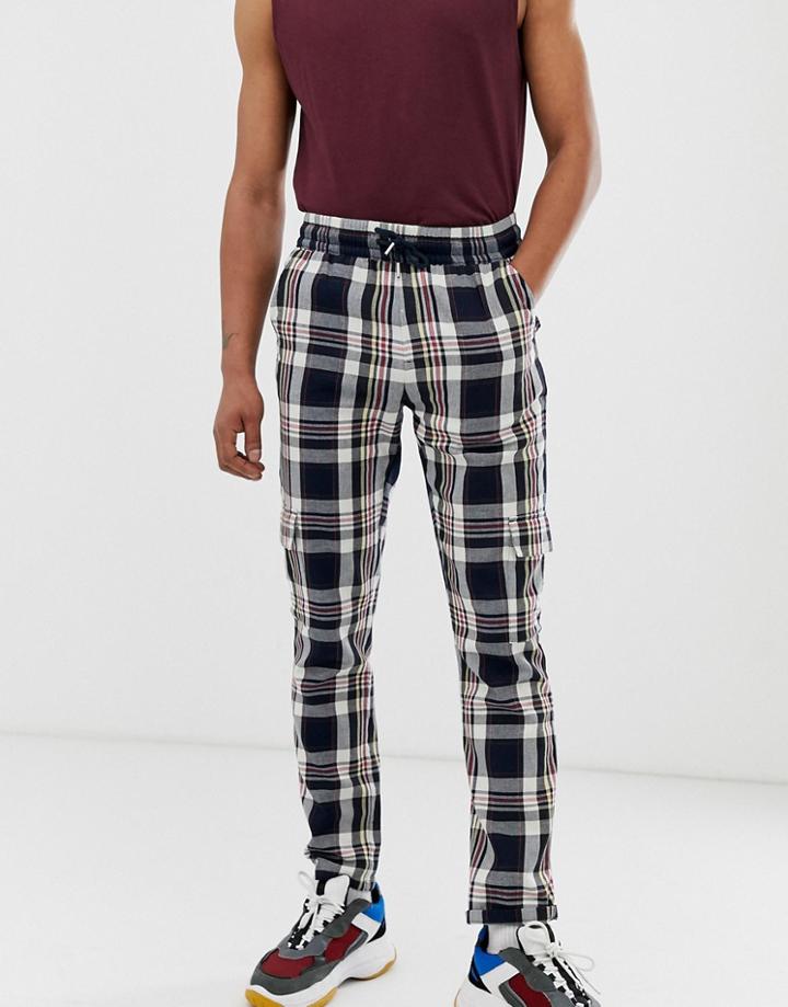 Asos Design Slim Cargo Pants With Elastic Waist In Indigo Check - Navy