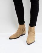 Asos Chelsea Boots In Stone Suede With Pointed Toe And Metal Buckle Detail - Stone